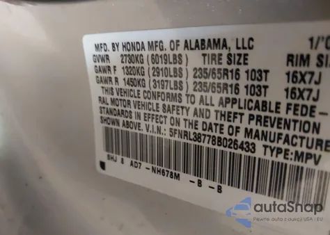 2008 Honda Odyssey Ex-L z USA, uszkodzony, nr VIN 5FNRL38778B026433